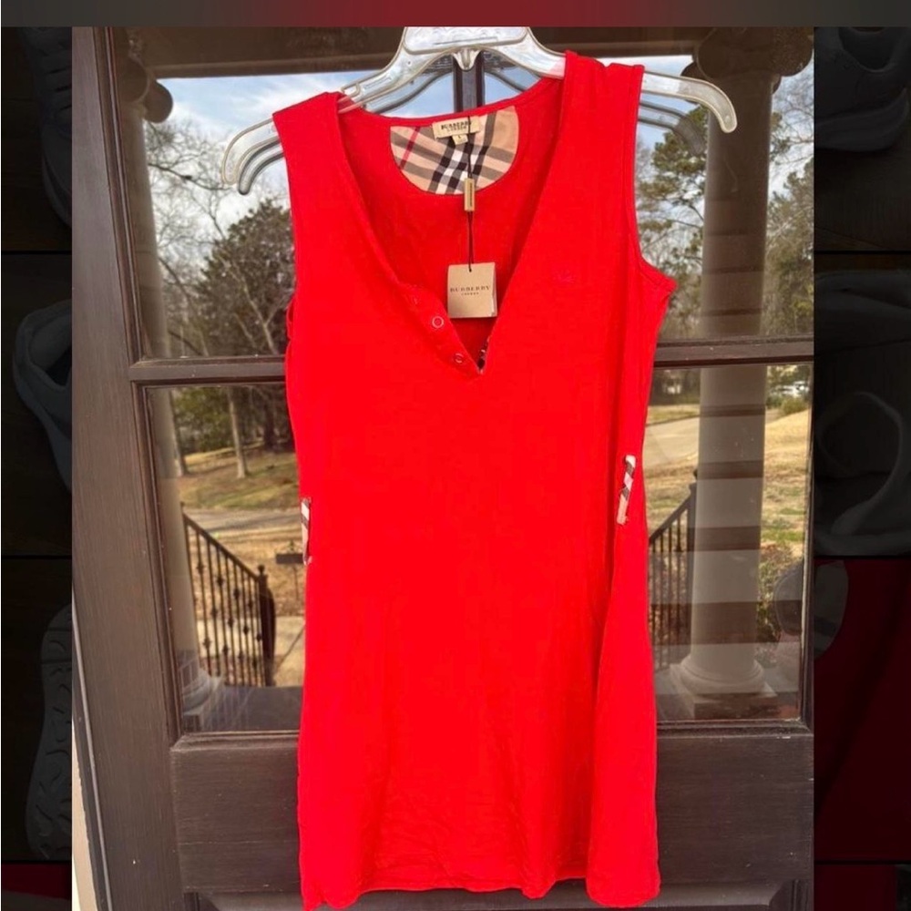 Burberry Red Sleeveless V-Neck Tank Dress with Check Trim